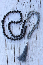 Load image into Gallery viewer, 108 Labradorite A grade, Black Indian Rudraksha, Clear Quartz Mala, Long Tassel, Hand knotted Necklace, 8mm and 6 mm beads. Vegan Mala
