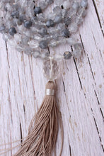 Load image into Gallery viewer, 108 Grey Agate, Clear Quartz hand knotted Yoga mala. Long tassel. Vegan Boho necklace.
