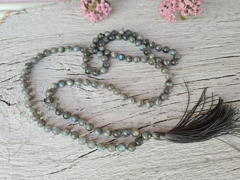 108 Rainbow Labradorite Mala Necklace, AA grade Mala Beads, Long VeganTassel Mala, Hand knotted Men Necklace, Yoga gift for Her