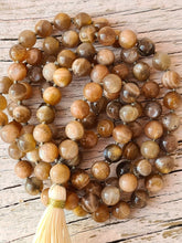 Load image into Gallery viewer, 108 Natural Sunstone AA grade, Vegan Mala for Meditation, Bohemian Tassel Necklace, Balancing Mala, Knotted necklace.
