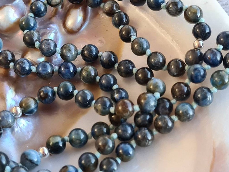 108 Kyanite Yoga Mala, Kyanite Bohemian Vegan Necklace. Handmade Cotton Tassel. Delicate High Grade Kyanite Meditation Prayer Beads.