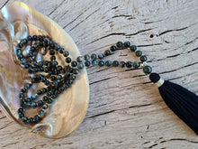 Load image into Gallery viewer, 108 Kyanite Yoga Mala, Kyanite Bohemian Vegan Necklace. Handmade Cotton Tassel. Delicate High Grade Kyanite Meditation Prayer Beads.
