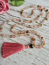 Load image into Gallery viewer, 108 Cherry Quartz, Tiger eye Yoga Mala, hand knotted, finished with handmade cotton Tassel. Vegan Necklace.
