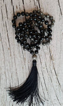 Load image into Gallery viewer, Astrophyllite Tourmaline Silver plated Lava Stone Mala, Hand knotted 108 Men Prayer Beads, Handmade Tassel necklace for Him, Vegan necklace.
