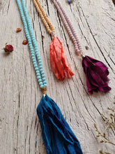 Load image into Gallery viewer, Boho Sari Silk- Long Tassel Necklaces. Hand-knotted 108 beads Boho Yoga Mala.
