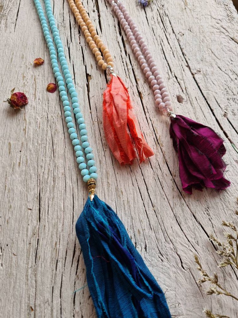 Boho Sari Silk- Long Tassel Necklaces. Hand-knotted 108 beads Boho Yoga Mala.