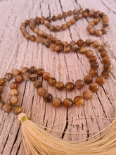 Load image into Gallery viewer, 108 Natural Sunstone AA grade, Vegan Mala for Meditation, Bohemian Tassel Necklace, Balancing Mala, Knotted necklace.

