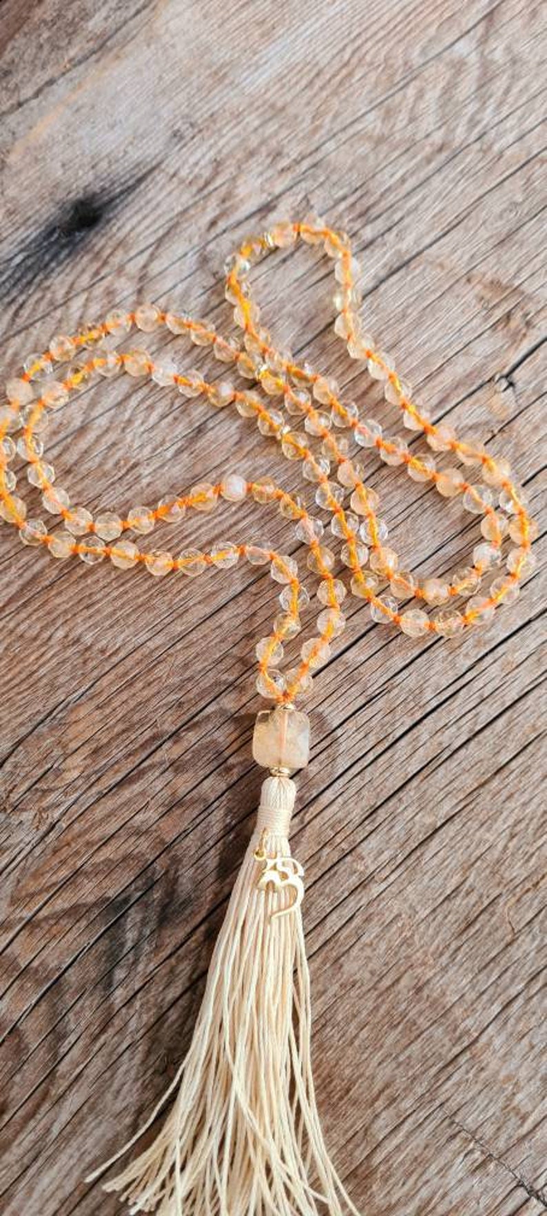 108 Citrine Yoga Mala Necklace, Golden plated 925 Silver OM charm, Handmade Tassel Vegan Mala. Yoga gift.
