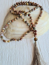 Load image into Gallery viewer, 108 Crazy Lace Agate, Tiger Eye hand knotted Yoga mala. Long tassel Vegan Boho necklace. Vegan Mala. Yoga gifts for her.

