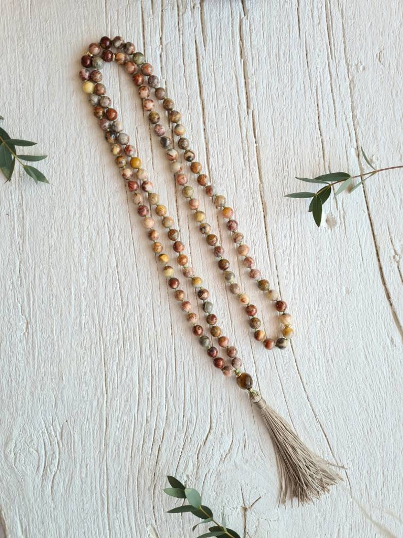 108 Crazy Lace Agate, Tiger Eye hand knotted Yoga mala. Long tassel Vegan Boho necklace. Vegan Mala. Yoga gifts for her.