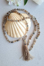 Load image into Gallery viewer, Grey, creamy and white moonstone mala. Finished with labradorite guru bead and beige brown handmade tassel. 
