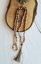 Load image into Gallery viewer, 108 Crazy Lace Agate, Tiger Eye hand knotted Yoga mala. Long tassel Vegan Boho necklace. Vegan Mala. Yoga gifts for her.
