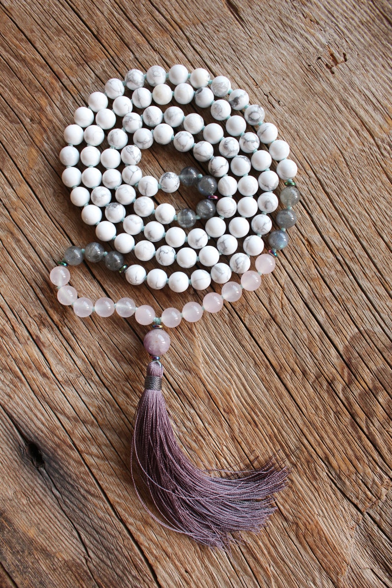 108 Mala Howlite Rose Quartz, Labradorite Amethyst Hematite Yoga Mala. Bohemian Long Tassel Necklace. Vegan Mala Yoga gift for her.