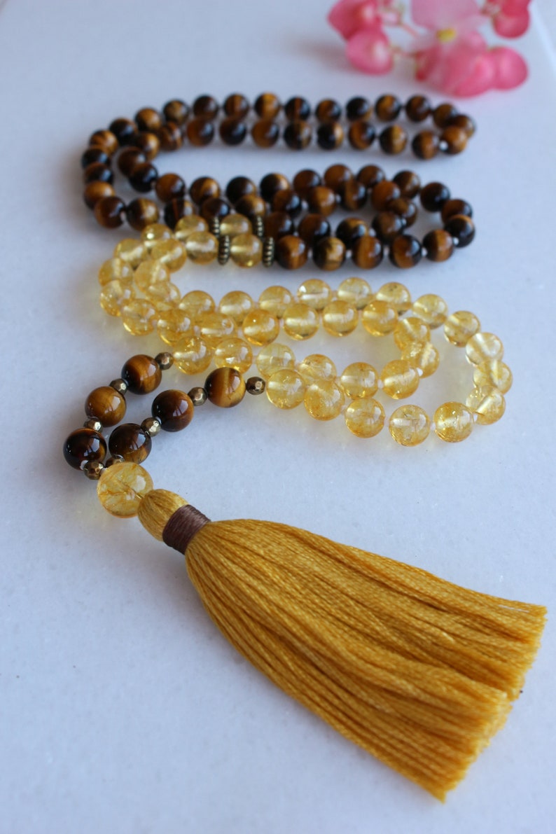 108 beads Hand-knotted Mala, Brown Tiger Eye, Citrine, Yoga Mala, Handmade Cotton Tassel. Vegan mala.