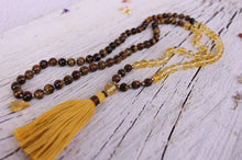 Load image into Gallery viewer, 108 beads Hand-knotted Mala, Brown Tiger Eye, Citrine, Yoga Mala, Handmade Cotton Tassel. Vegan mala.
