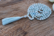 Load image into Gallery viewer, 108 Aquamarine AAA grade Mala. Double pointed top quality Aquamarine beads. Sterling Silver Accents. Vegan Silk Handmade Tassel Necklace.
