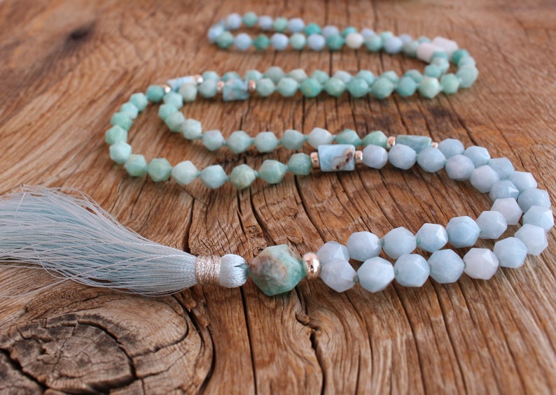 108 Larimar Amazonite Blue Agate Mala, Sterling Silver Accents. Handmade Tassel Vegan Necklace. Yoga gifts for her.
