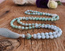 Load image into Gallery viewer, 108 Larimar Amazonite Blue Agate Mala, Sterling Silver Accents. Handmade Tassel Vegan Necklace. Yoga gifts for her.
