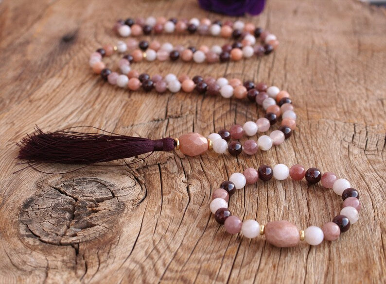 108 Mala Moonstone Raspberry Quartz Lace Agate Garnet Handmade Boho Tassel Necklace. Handmade Yoga Sacred Jewelry. Yoga gift for her.