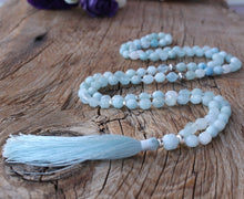 Load image into Gallery viewer, 108 Aquamarine AAA grade Mala. Double pointed top quality Aquamarine beads. Sterling Silver Accents. Vegan Silk Handmade Tassel Necklace.
