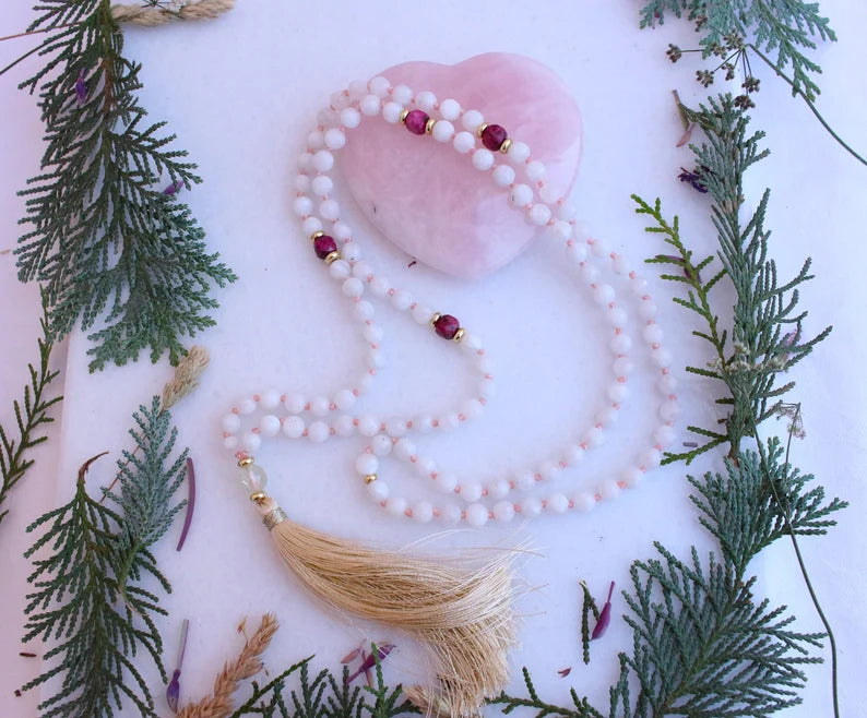 108 Ruby Moonstone Topaz Mala, Yoga Mala Necklace, Meditation Prayer Beads, Bridal Mala, Sacred Tassel Necklace