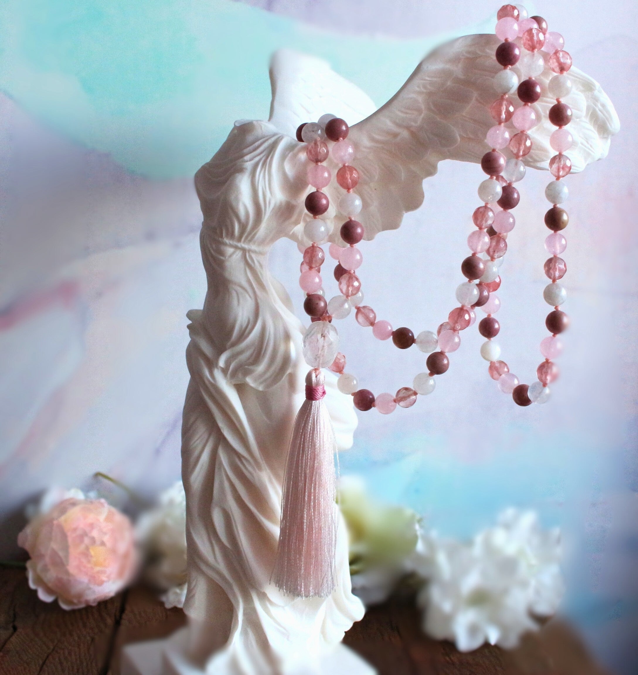 "Blooming heart" Mala – Rhodonite, Watermelon Quartz, Moonstone & Clear Quartz