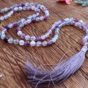 108 Rainbow Fluorite, Sterling silver Lotus Mala. Yoga jewelry for meditation.
