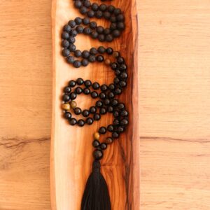 108 Black Onyx, Tiger Eye and Black Lava Stone Mala. Handmade Cotton Tassel.