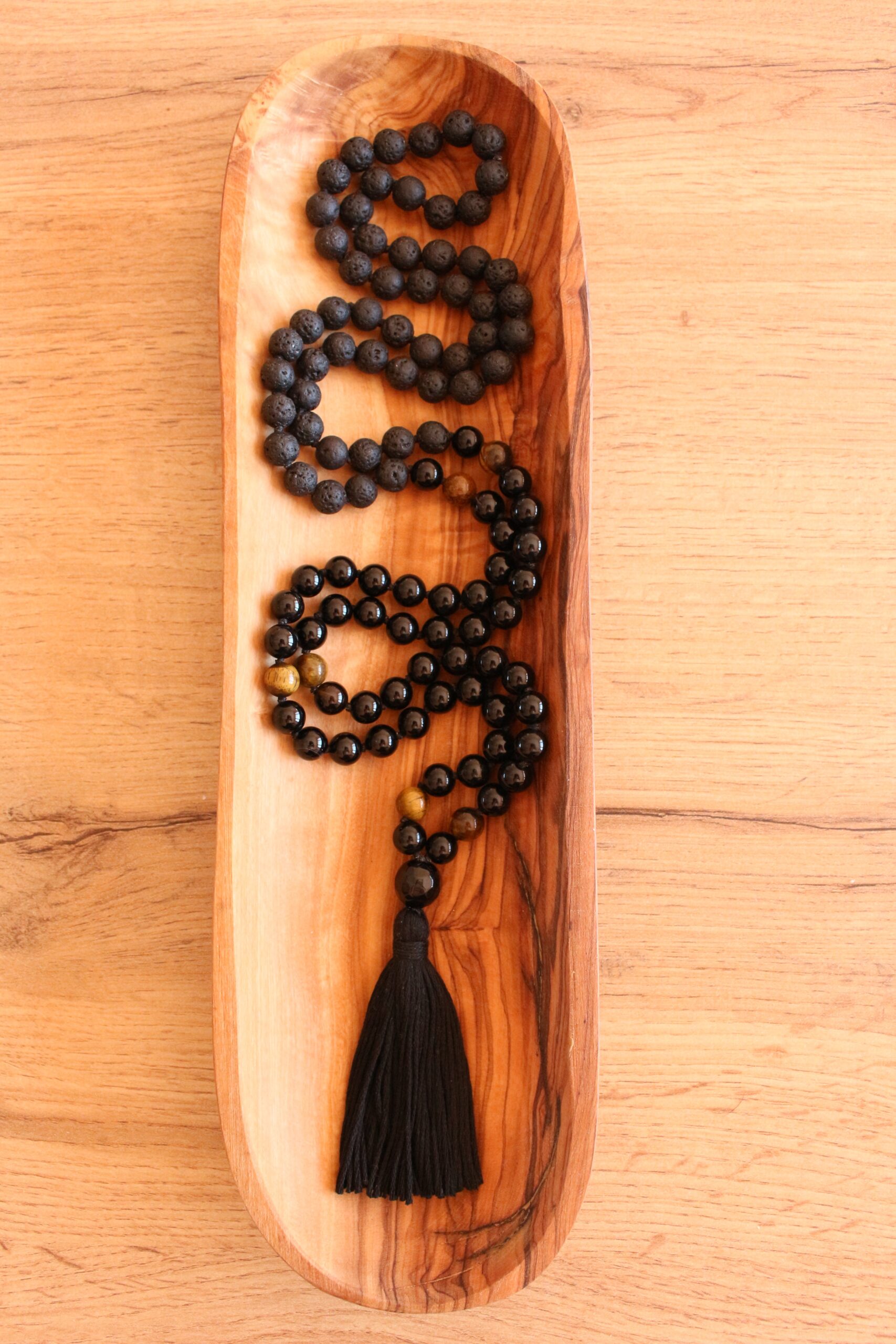 108 Black Onyx, Tiger Eye and Black Lava Stone Mala. Handmade Cotton Tassel.