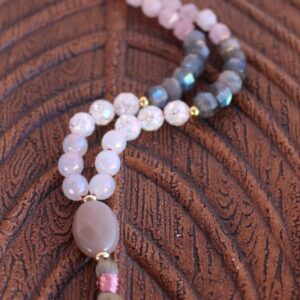 108 Rose Quartz, Labradorite, White Jade, Moonstone Mala Necklace. Vegan Silk Tassel Mala. Gypsy Boho Tassel Necklace.