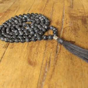 108 Mala Black Labradorite, Buddha's head Long Tassel, Hand knotted Necklace, Vegan Mala