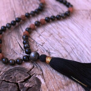 108 Hand knotted Yoga Mala. Golden Royal Obsidian, Rudraksha, Cotton Tassel, Love, Intention
