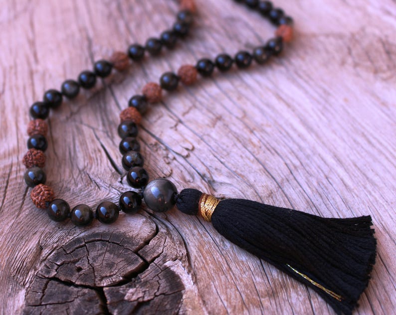 108 Hand knotted Yoga Mala. Golden Royal Obsidian, Rudraksha, Cotton Tassel, Love, Intention