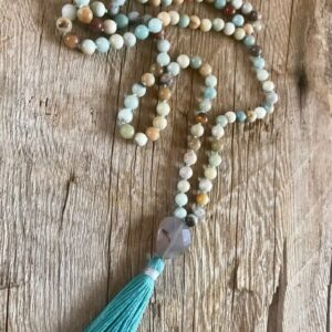 Amazonite, faceted Agate heart 108 Mala, Boho Necklace