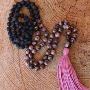 Pink Black Rhodonite and Lava Stone Mala. Hand knotted 108 beads Mala, Handmade Cotton Tassel. Vegan necklace .