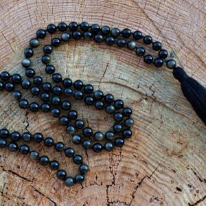 108 Black Golden Obsidian Mala, Top quality beads, Royal Obsidian , Cotton Tassel. Vegan Unisex Mala.