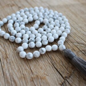 108 faceted Howlite Mala necklace. Long Tassel Vegan mala.