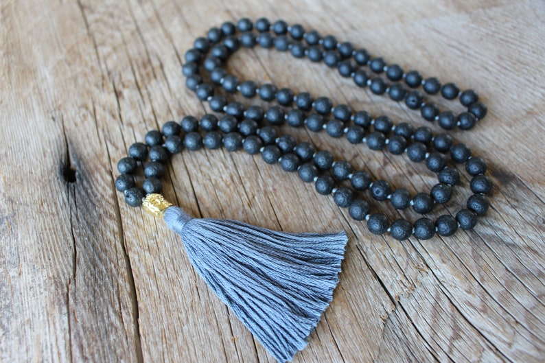108 Black Lava Stone, Buddha Guru bead, handknotted Yoga Mala.