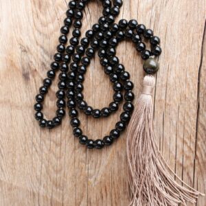 108 Black Onyx, Royal Golden Obsidian Mala. Long Tassel. Vegan Mala.