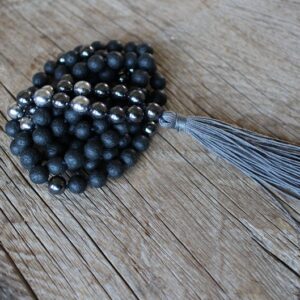108 beads, Hand-knotted Yoga Mala, Lava stone, Hematite Mala. Handmade Long Tassel. Vegan mala.