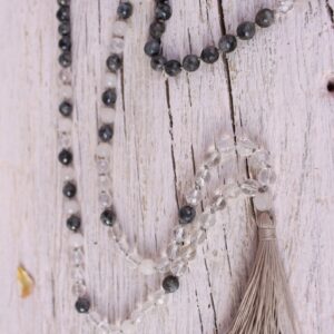 108 Mala Clear Quartz Labradorite White Quartz Mala, Bohemian Yoga Necklace. Vegan Hanmade Tassel Mala.