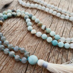 108 Amazonite, Rainbow Labradorite, White Quartz lovingly hand knotted Yoga Mala. Long Tassel. Vegan mala.