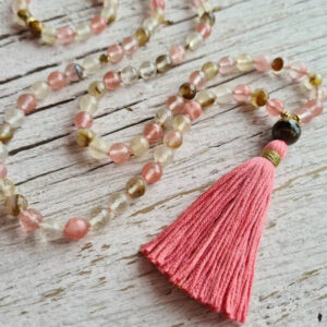 108 Cherry Quartz, Tiger eye Yoga Mala, hand knotted, finished with handmade cotton Tassel. Vegan Necklace.