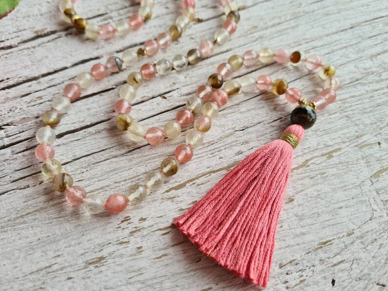 108 Cherry Quartz, Tiger eye Yoga Mala, hand knotted, finished with handmade cotton Tassel. Vegan Necklace.