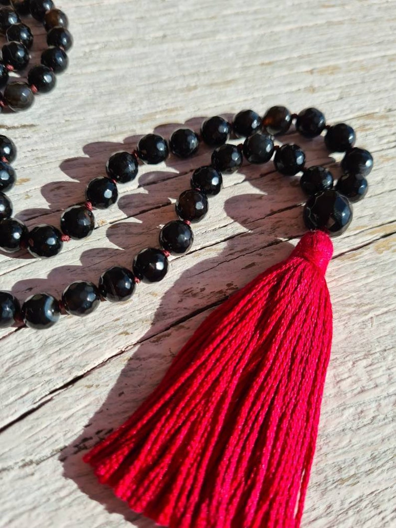 108 Mala Black Onyx Prayer beads, Onyx Meditation necklace, Long Tassel Bohemian Yoga Necklace. Protection mala, Buddhist mala necklace.