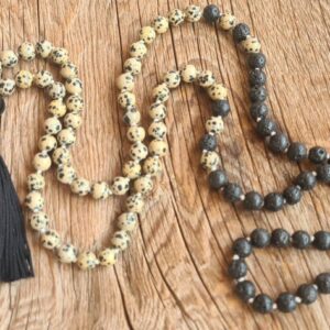 108 Dalmatian Jasper, Black Lava Stone, Golden Obsidian Mala Necklace, Obsidian Long Tassel, Vegan Prayer Beads Mala