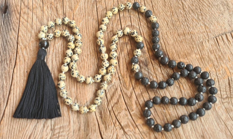 108 Dalmatian Jasper, Black Lava Stone, Golden Obsidian Mala Necklace, Obsidian Long Tassel, Vegan Prayer Beads Mala