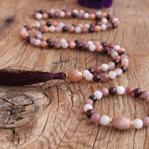 108 Mala Moonstone Raspberry Quartz Lace Agate Garnet Handmade Boho Tassel Necklace. Handmade Yoga Sacred Jewelry. Yoga gift for her.