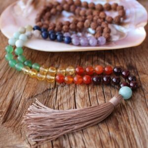 7 Chakras Balance Mala, Rudraksha Amethyst Lapis Lazuli Amazonite Green Aventurine Citrine Carnelian Garnet