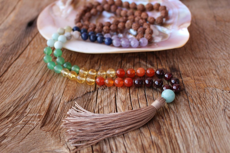 7 Chakras Balance Mala, Rudraksha Amethyst Lapis Lazuli Amazonite Green Aventurine Citrine Carnelian Garnet